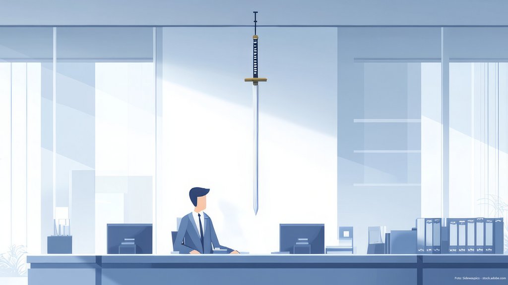 von der zimmedecke hängendes schwert zielt auf am tisch sitzende person