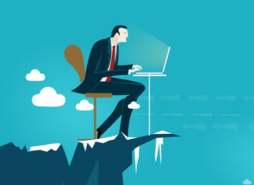 Comicfigur auf dem Berg am Computer