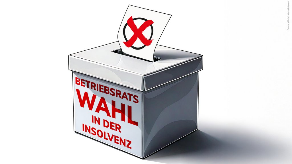 Weiße Box mit rotem Schriftzug "Betriebsratswahl in der Insolvenz"