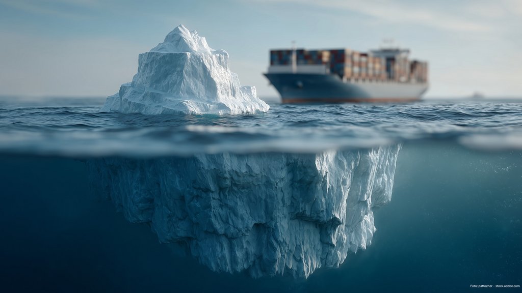 eisberg mit Containerschiff im Hintergrund