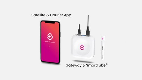 Smartphone und Powerbank mit Logo und App Satelite & Courier App - zum Blogbeitrag: Digitale Nachverfolgung von Laborproben: Investorenlösung für Münchner HealthTech-Start Up Smart4Diagnostics gefunden