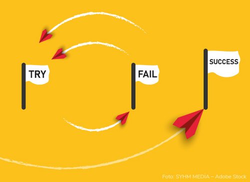 Gelber Hintergrund mit roten Papierfliegern und frei Fahnen mit den Schriftzügen "Try, Fall, Sucess" - zum Blogbeitrag: Schöner scheitern oder mehr Mindset wagen