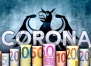 vor dem Wort Corona stehen gerollte Geldscheine